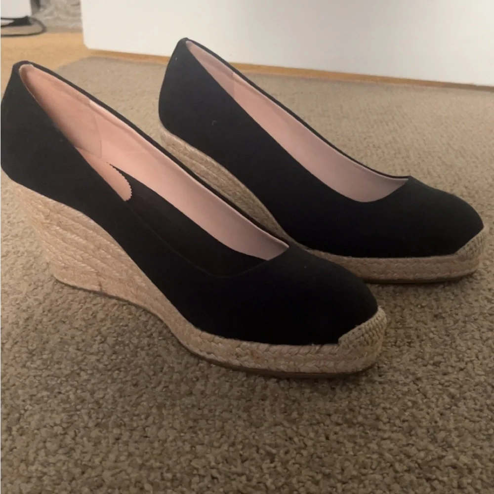 J. Crew Black Suede Wedge Espadrilles with Natural Jute Trim